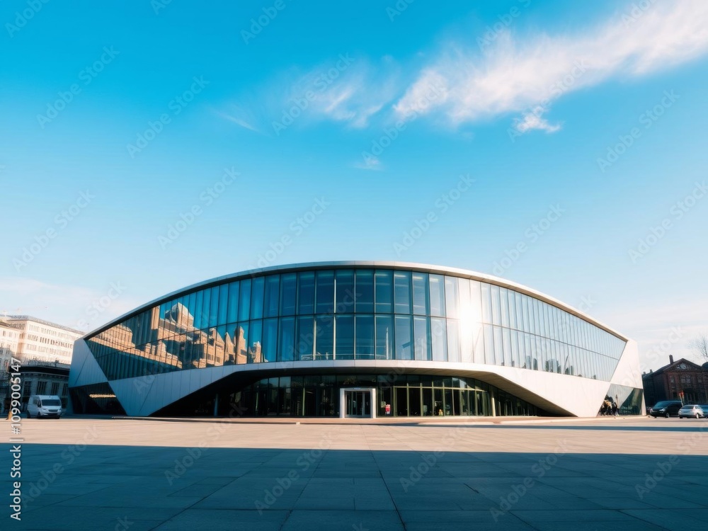 Fototapeta premium Modern glass architecture at the central station of The Hague featuring sleek lines, reflective surfaces, and geometric shapes against a clear blue sky, shapes, clear