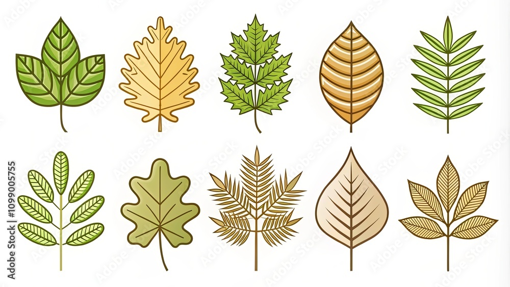 Fototapeta premium Collection of Ten Diverse Leaf Illustrations Featuring Various Shapes and Autumnal Colors