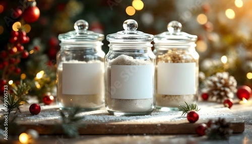 Jars with labels for mockup of handmade products at Christmas package design graphic template