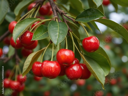 Fresh organic Montmorency cherry branch hanging in a tree, greenery, leafy branches photo