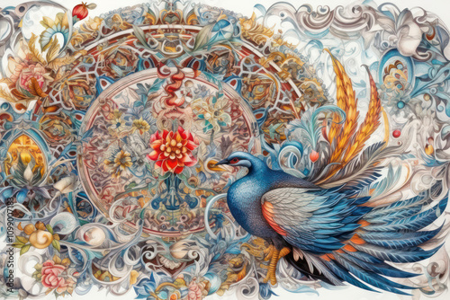Rich and detailed artistic illustration featuring bird and floral designs.  