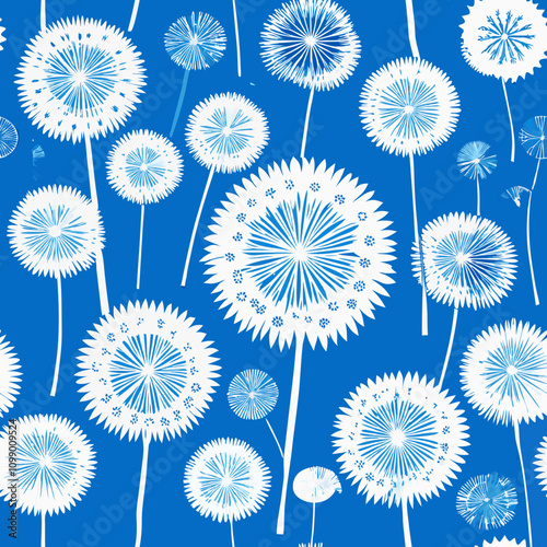 Many white dandelions, different sizes, full area, blue background, seamless vector file.