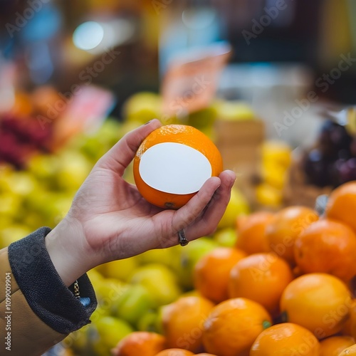 A person is holding an orange fruit in market and a blank white sticker mockup is attached on it photo