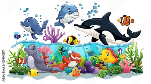 Cartoon ocean scene with various sea creatures. photo