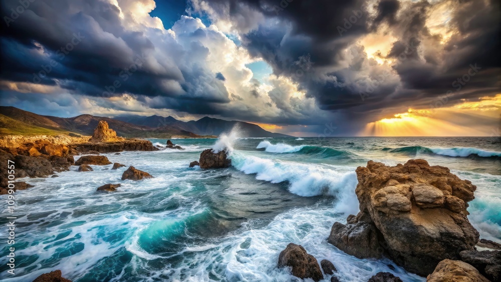 Obraz premium Dramatic Stormy Seas in Crete: Turbulent Waves Crash Against Rugged Rocks in a Breathtaking Coastal Landscape