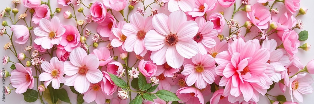 Obraz premium Pastel pink flower wallpaper featuring a mix of small and large blooms, calm atmosphere, flower arrangement