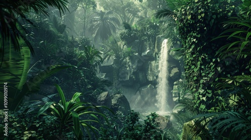 Dense jungle with a hidden waterfall, emphasizing the untouched and wild beauty of Earth's tropical regions photo