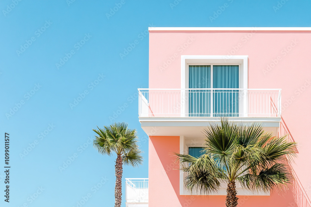 Fototapeta premium A contemporary coastal villa with soft pink exterior, minimalist white balconies.