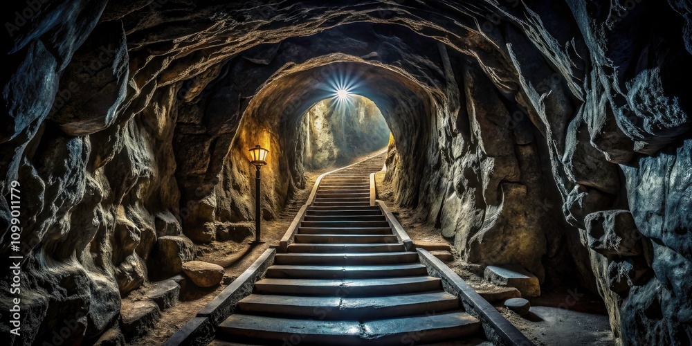 Naklejka premium Dark Tunnel with Carved Stairs in Solid Rock - Scary, Claustrophobic Atmosphere with Narrow Shadows
