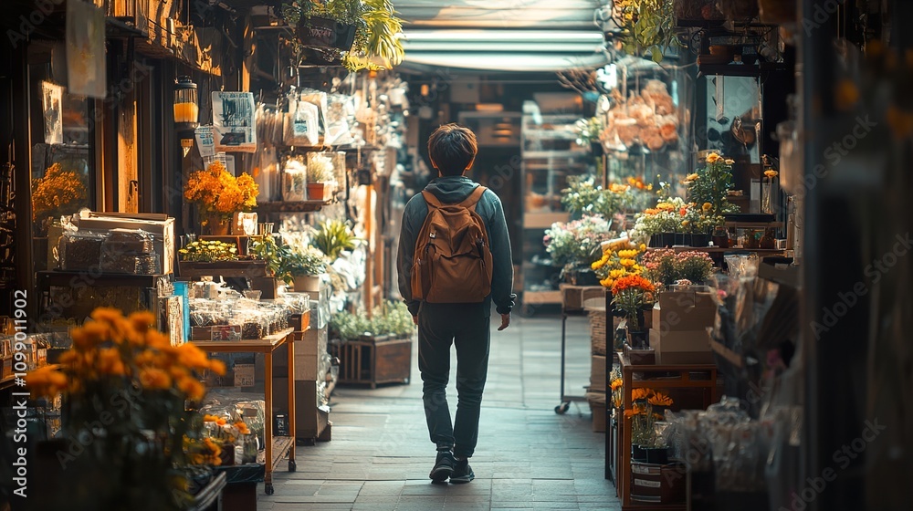 Obraz premium A lone traveler explores a vibrant Asian flower market, a journey filled with colorful blooms and urban exploration. Discover the beauty of daily life in this captivating street photograph.