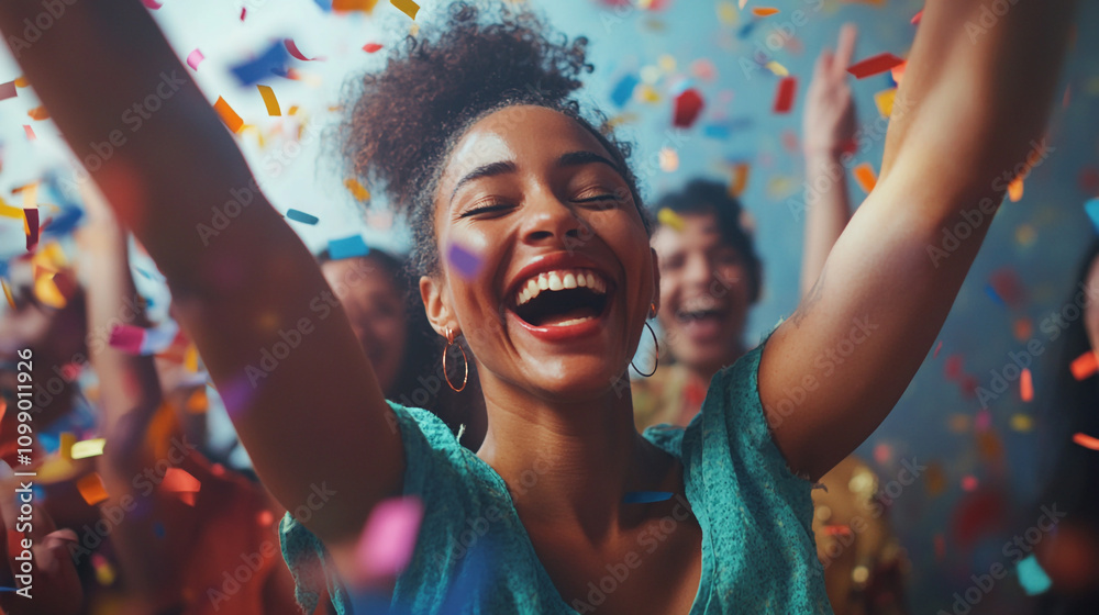 Obraz premium Joyful Woman Celebrating with Confetti at Party