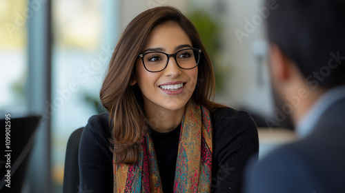 Young businesswoman smiling and talking to a colleague during a meeting in th...