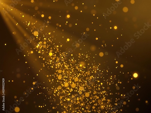 Sparkling gold dust particles suspended in mid-air, surrounded by shimmering light beams and intricate abstract patterns, gold, sparkle