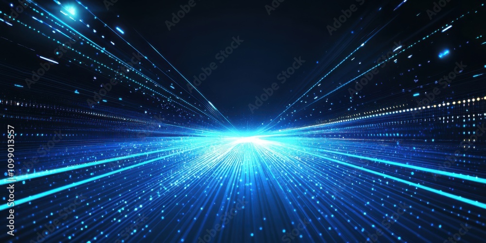 Fototapeta premium Abstract blue light speed background with laser rays and glowing flare in the center, motion blur effect, futuristic design concept for technology or science illustration