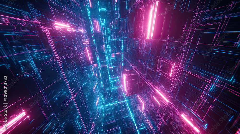 Fototapeta premium Abstract background with dynamic fractal waves and glowing grid patterns, blending digital textures and energy lines in a futuristic design, perfect for technology and cyberspace concepts