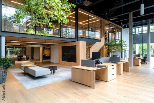 Innovative modern workplace design featuring blonde wood details and abstract black artwork in a modular desk system environment photo