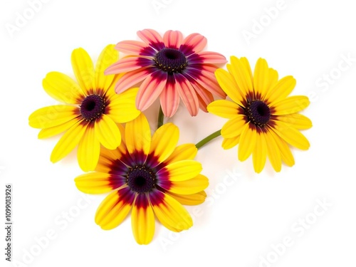 Three isolated spring flowers on a white background, featuring bright yellow petals and deep purple centers, creating a pop of color against the clean backdrop, springflowers, whitewash, blooms
