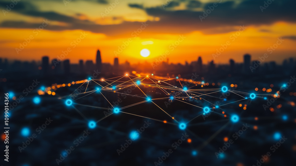 Fototapeta premium Smart digital Innovation city with connection network reciprocity over the sunset cityscape. of future wireless digital city and social media networking systems that connects people with in city