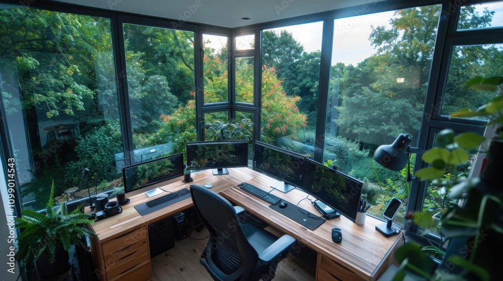 Fototapeta premium Creating an efficient remote work setup for digital nomads with floating screens in a serene home office environment