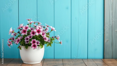 White ceramic pot filled with pink and purple flowers against turquoise wall with wood table, pink, pot