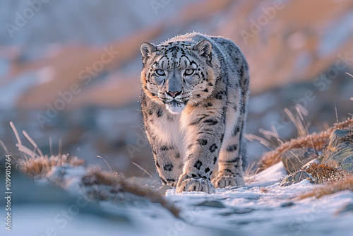 snow leopard walking across a snowy landscape. The leopard looks focused, with a confident and decisive look, his fur is covered with frost.  photo