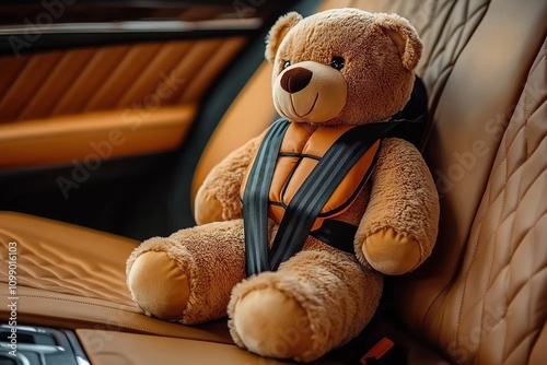 A teddy bear with a black safety belt fastened in the back seat of an expensive car photo