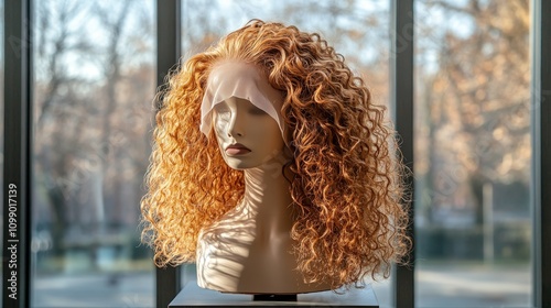 Curly HD Lace Front Wig On Mannequin Head, Minimalist Studio Background, Natural Sunlight photo