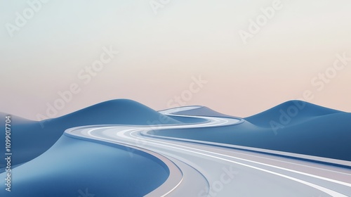 29.A curving 3D-rendered road with clear white lines, extending into an abstract landscape. The road bends smoothly, creating a sense of forward motion, perfect for promoting holidays, road trips, or photo