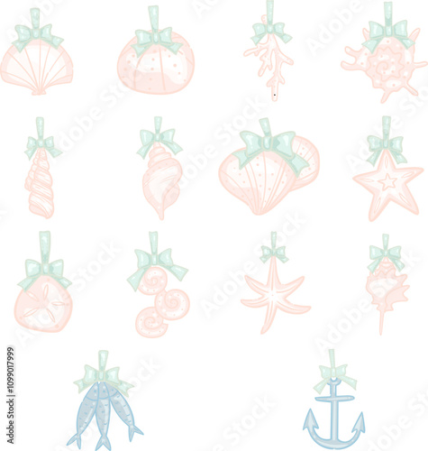 Seashells, starfish, coral, fish and anchor with bow Christmas ornament for decoration on summer Christmas, Christmas on the beach and coastal decoration style.
