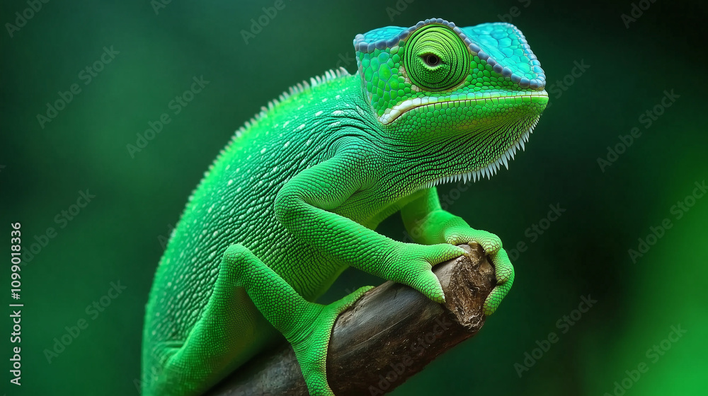 Fototapeta premium green chameleon sitting on a branch, natural forest background