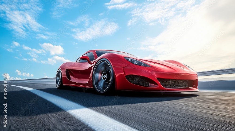 Naklejka premium 20.A highly realistic 3D render of a luxury red car driving on a smooth, open road with clear lines. The sky is bright blue with light clouds, and the car polished exterior and sleek curves reflect