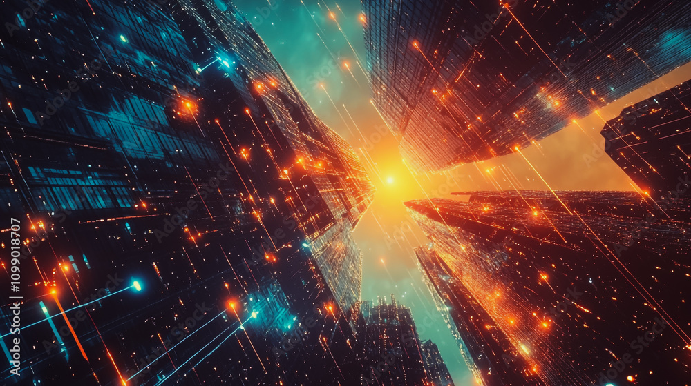 Obraz premium Smart digital Innovation city with connection network reciprocity over the sunset cityscape. of future wireless digital city and social media networking systems that connects people with in city