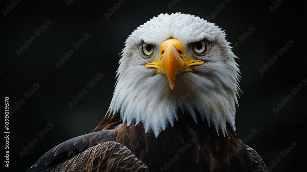 Obraz premium Close-up portrait of a bald eagle, intense gaze, dark background.