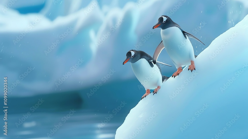 Obraz premium Two penguins perched on an iceberg in a frosty landscape,