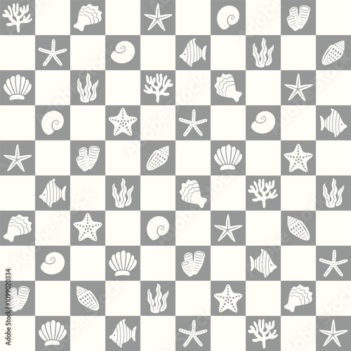 Underwater seamless pattern with repeated coral polyps, mollusks, starfish, shell, clam, fish, oyster, and seaweed. Aquatic checkered ornament. Groovy hand drawn ocean wildlife vector print