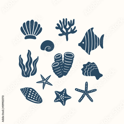 Underwater vector illustration of coral polyps, mollusks, starfish, shell, clam, fish, oyster, and seaweed. Aquatic hand drawn icon set. Cute ocean wildlife illustration