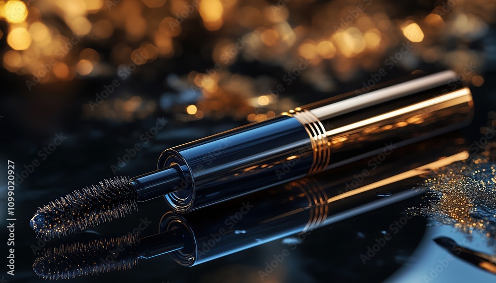 Naklejka premium Glossy black mascara tube with gold accents on a reflective black surface