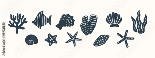 Underwater vector illustration of coral polyps, mollusks, starfish, shell, clam, fish, oyster, and seaweed. Aquatic hand drawn icon set. Cute ocean wildlife illustration