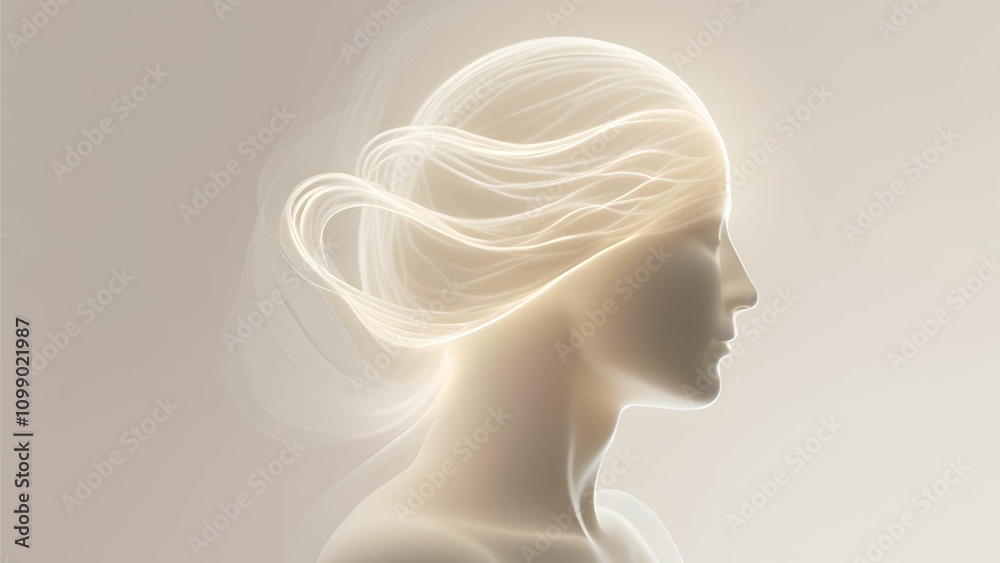Fototapeta premium A minimalist image of a human with gentle waves of light flowing around the head, symbolizing the soothing and grounding effect of mindfulness and therapy on mental clarity, Generative AI