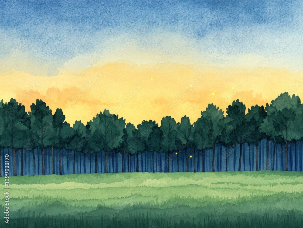 Obraz premium Serene Sunset Over Dense Forest Landscape with Gentle Brushstrokes, Capturing the Tranquility of Nature and the Soft Glow of Dusk in Watercolor Style