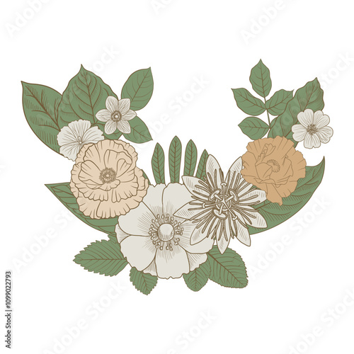 composition with flowers and leaves, floral graphic design element at white background, hand drawn illustration