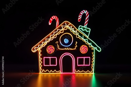 A neon gingerbread house silhouette adorned with candy cane decorations and gumdrop roof standing out on a black backdrop --ar 3:2 --s 50