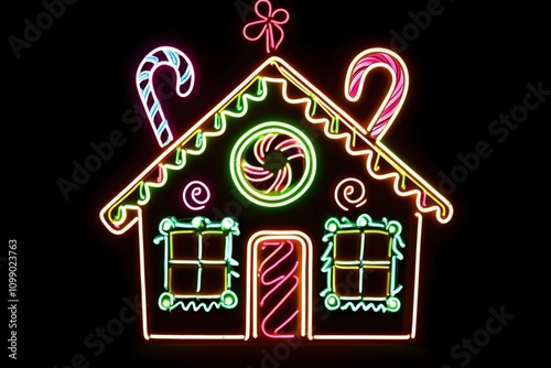 A glowing outline of a gingerbread house covered in candy canes and gumdrops set against a black background --ar 3:2 --s 50