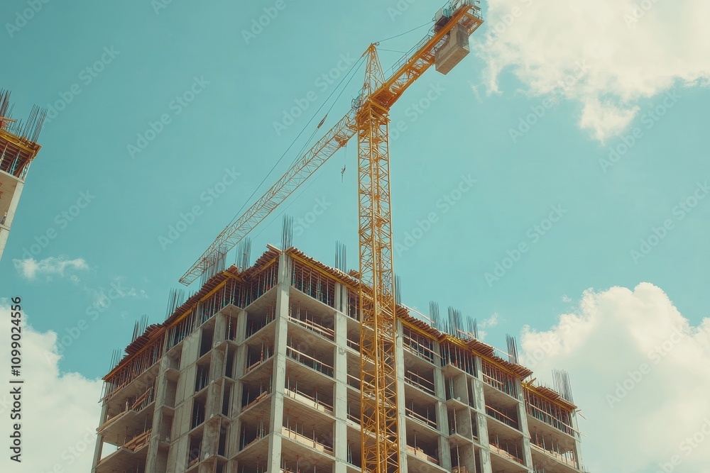 Fototapeta premium A yellow construction crane lifts building materials against a bright blue sky with white clouds.