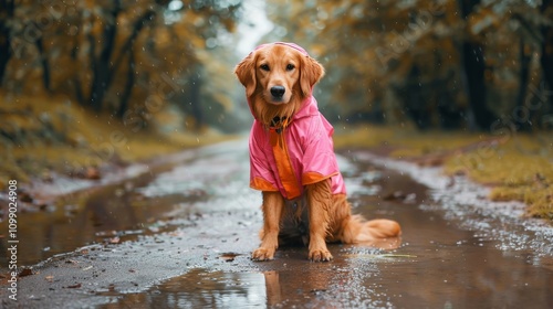 Dog wearing a raincoat and boots on a rainy day walk, illustrating preparedness and cuteness photo