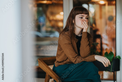 A young woman sits pensively in a cozy coffee shop, her hand covering her mouth, reflecting a sense of contemplation or sadness in the warm ambiance.