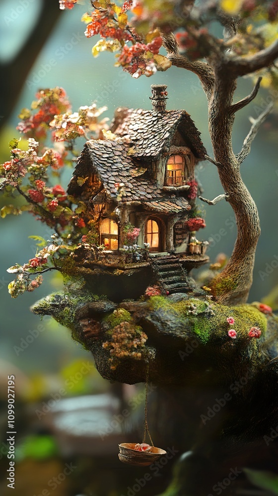 Fototapeta premium Enchanted Treetop Cottage: A Fairytale House in a Magical Forest