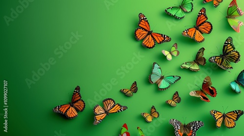 A green background with colorful butterflies scattered across it. photo