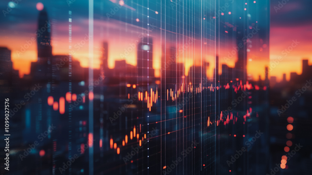 Obraz premium Smart digital Innovation city with connection network reciprocity over the sunset cityscape. of future wireless digital city and social media networking systems that connects people with in city