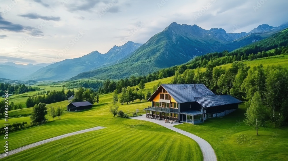 Fototapeta premium Modern Farmhouse Overlooking Green Pastures